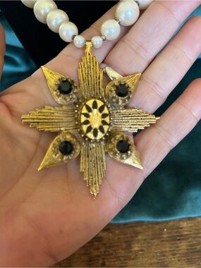 R.J. Graziano Pearl Necklace with Gold Starburst Pendant and Black Accents